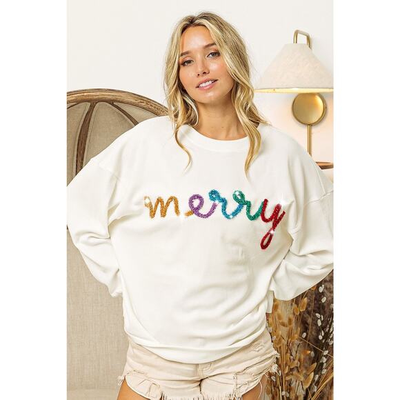 BiBi White Holiday Merry Tinsel Lettering Drop Shoulder Sweatshirt NEW XLarge - Picture 6 of 7